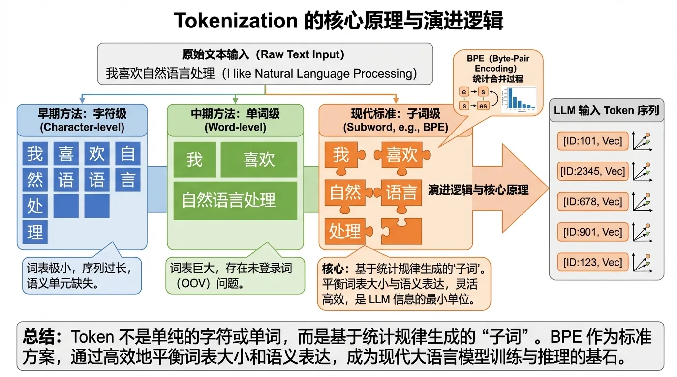 Evolution of tokenization from character-level and word-level to subword-level