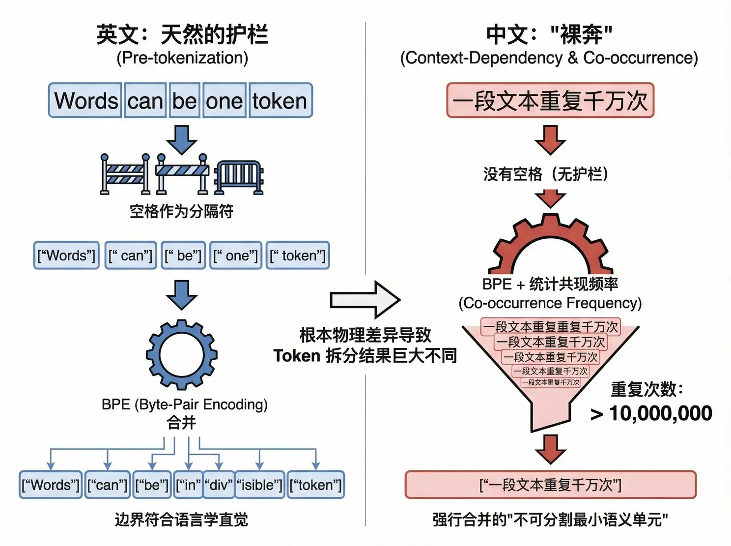 Space pre-tokenization compared with scripts that rely more on co-occurrence