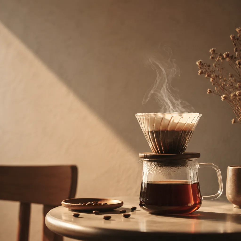 Coffee poster candidate 2: rule-of-thirds composition, shaped rim light, low-saturation unified palette
