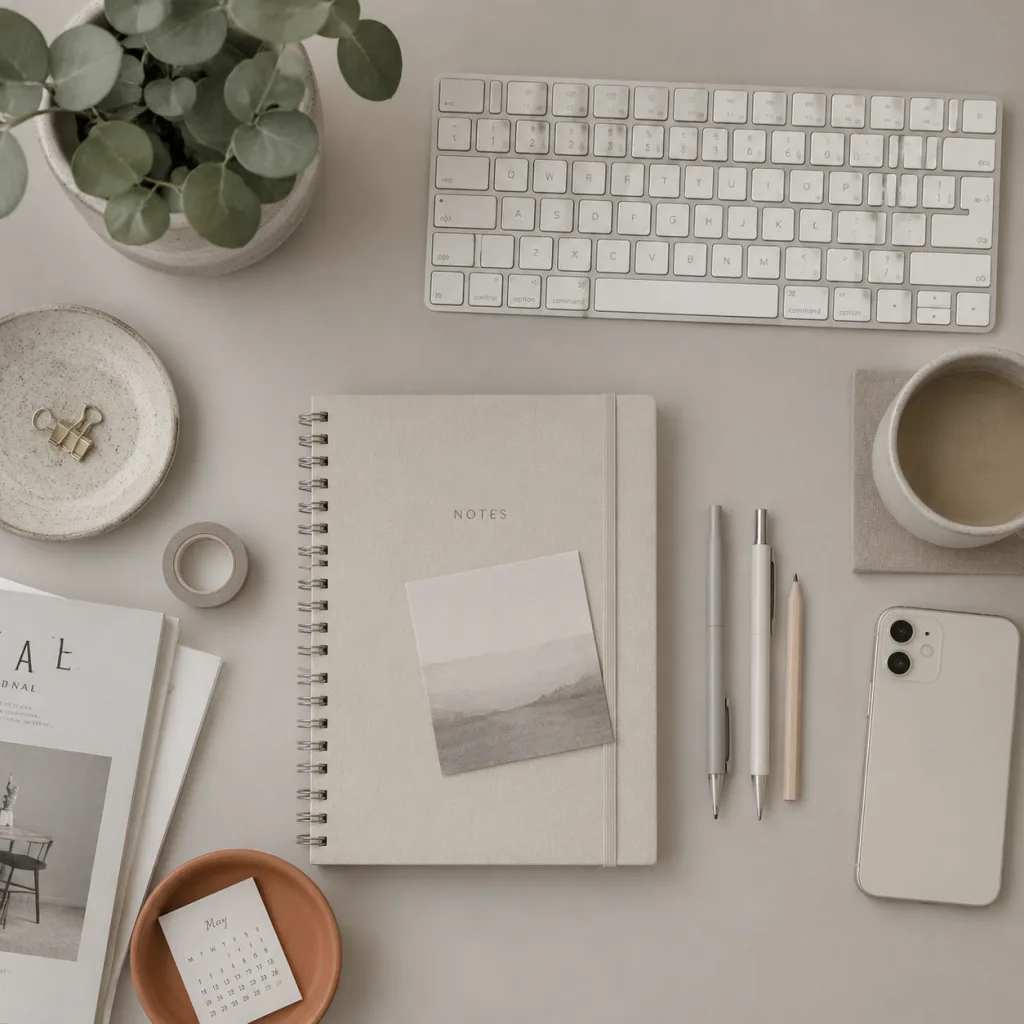 Same desk scene; low saturation, unified palette