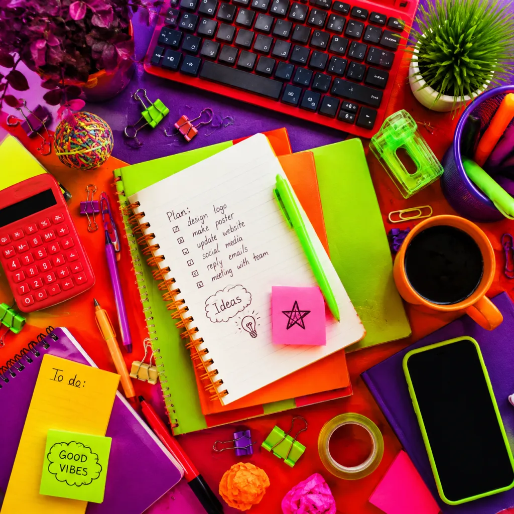 Desk scene; high-saturation red/yellow/blue/green clash, no unified palette