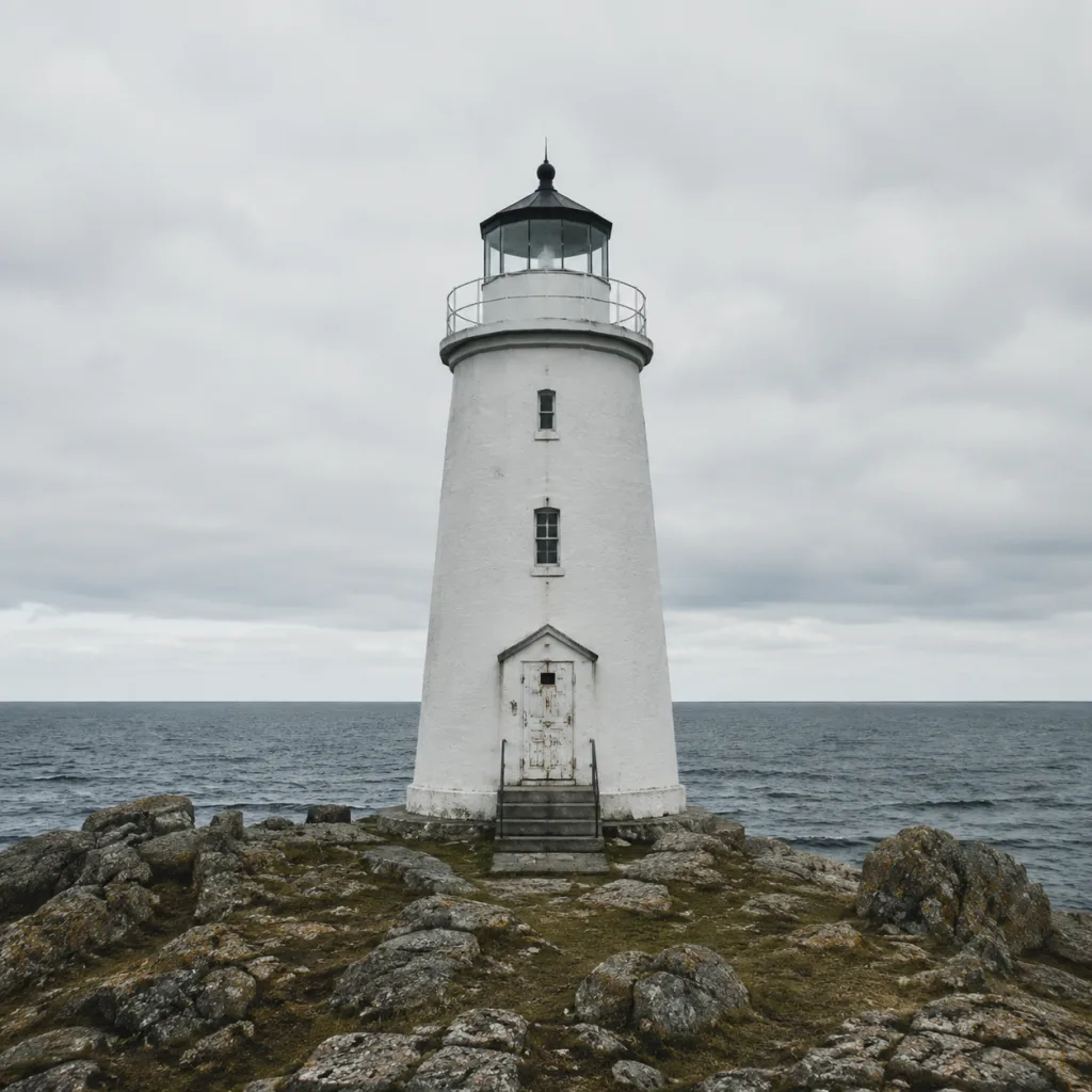 Lighthouse coast photo; lighthouse dead-centered, horizon cutting mid-frame