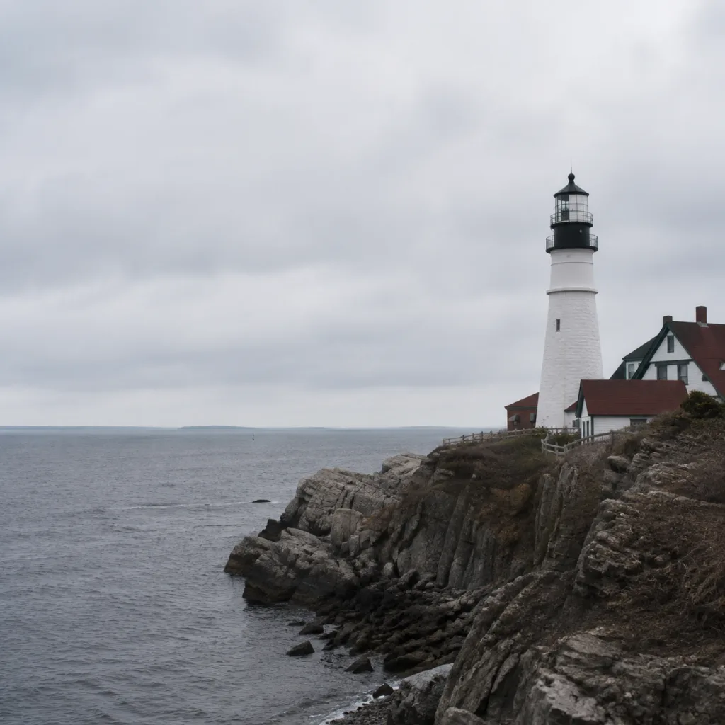 Same lighthouse coast; rule-of-thirds composition, lighthouse on the right intersection, sea whitespace on the left